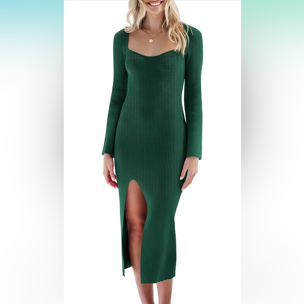 Fall bell long sleeve sweetheart ribbed body con dress with slit- hunter green